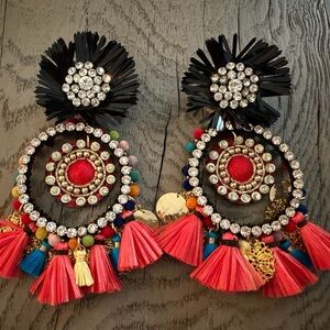 Colorful Raffia/Jewel Statement Earrings